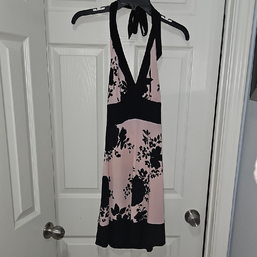 Elegant Black and Pink Floral Halter Dress